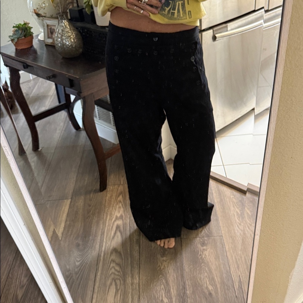 Unique wool front panel buttons Black Wide-Leg Pants sailor style - Picture 2 of 16